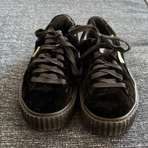 Puma Black Velvet Platform Sneakers with Gold Accents